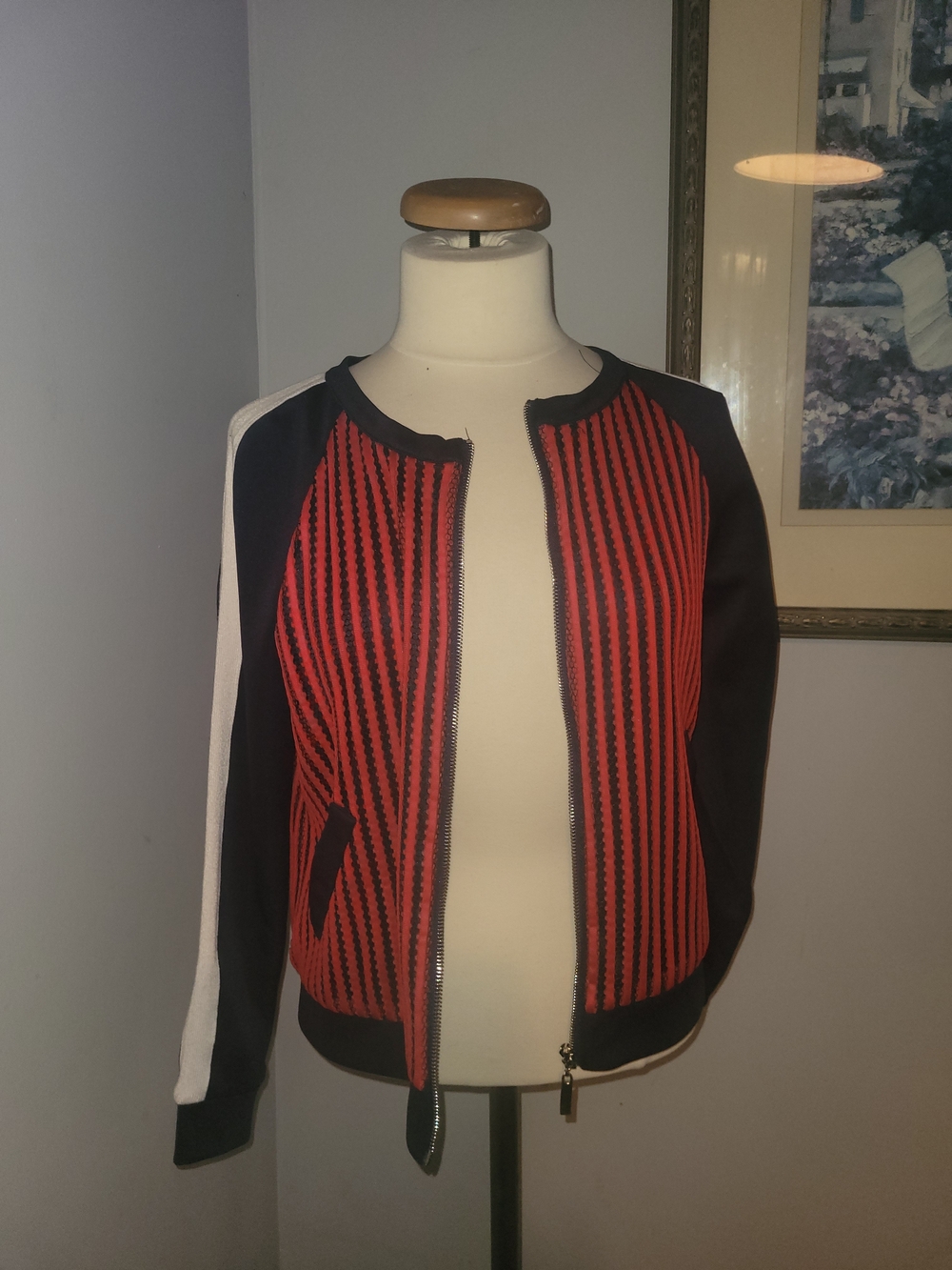 Women's Red & Black Striped Bomber Jacket with White Sleeve Accent